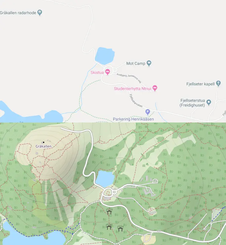 Google Maps vs OpenStreetMap in the hills next to Trondheim. Use the second if you want to find your way.