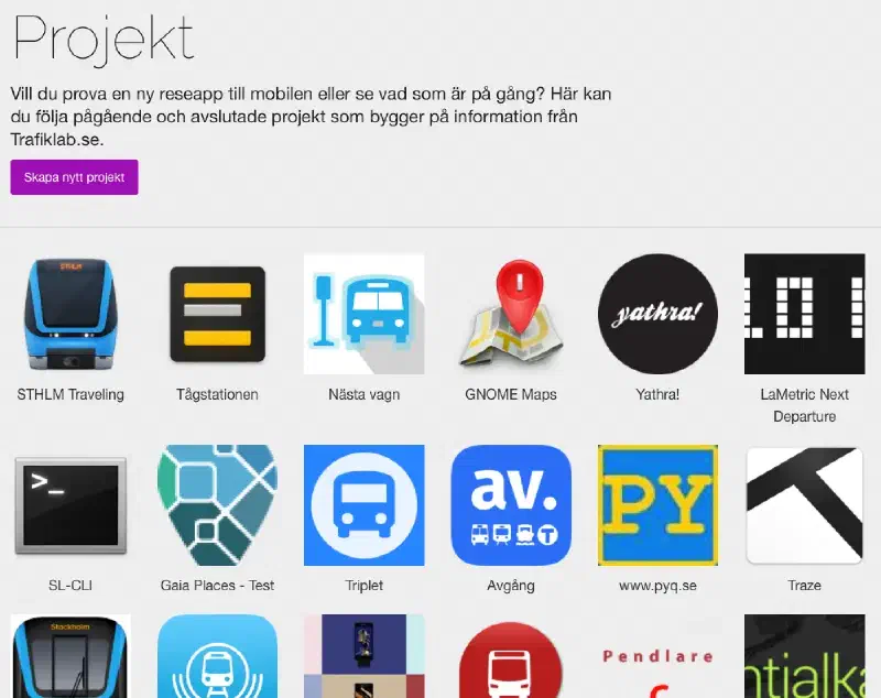 Trafiklab visar en lista på projekt som använder deras API:er