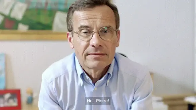Screenshot of a video showing Ulf Kristersson saying “Hej Pierre”